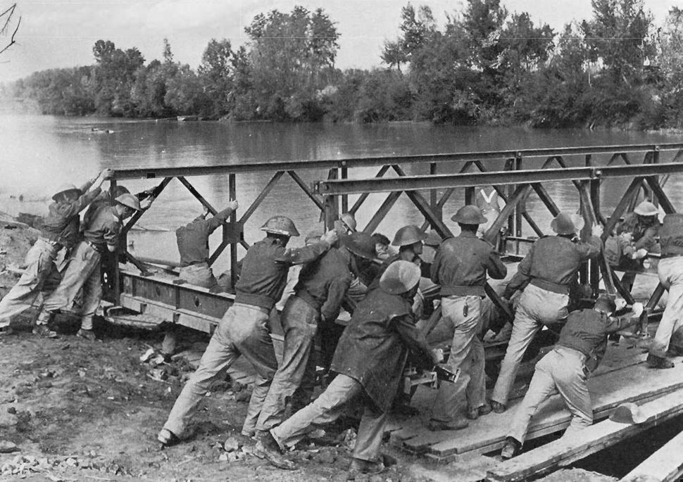 Sappers setting up a Bailey bridge in Italy