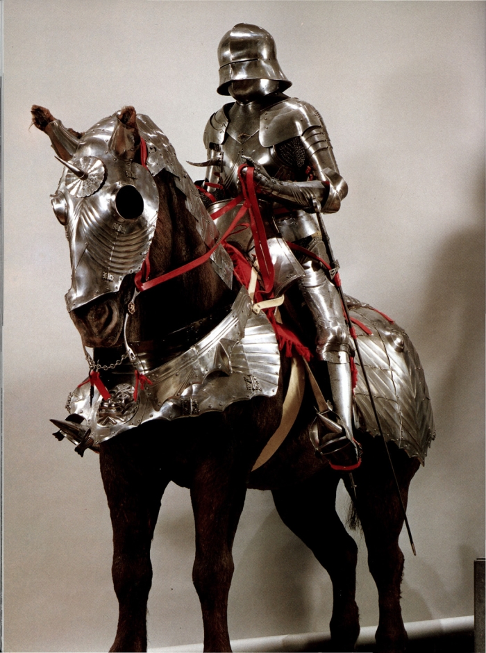 Knight and warhorse clad in plate armor