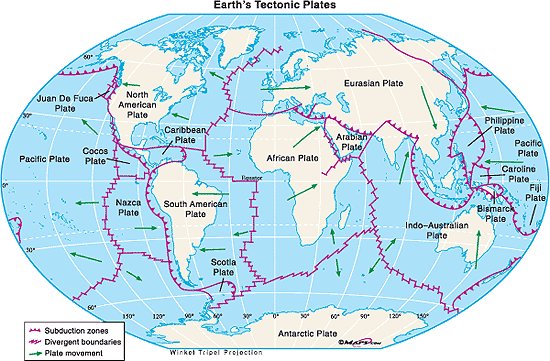 Earth's tectonic plates; Winkel Tripel projection map